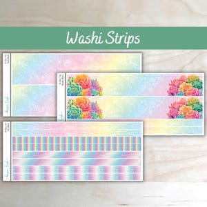 May include: Washi strips with pastel rainbow gradients and floral designs. The strips feature a variety of patterns, including solid colors, glitter, and colorful succulents. The text "Washi Strips" is displayed at the top.