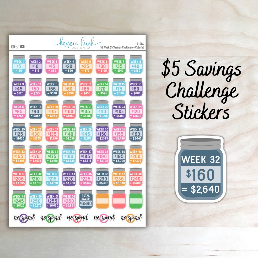 5 Dollar 52 Week Savings Challenge Stickers for Use in Planners ...