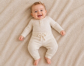 White merino hand knit cable baby trousers, size 0-3 months