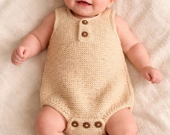 Beige merino wool hand knit unisex baby romper