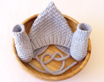 Blue newborn luxury wool knit baby bonnet and booties set, baby shower, newborn gift, going home outfit, baby photo prop