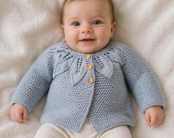 Knit blue Australian luxury wool baby cardigan, size 3-6 months