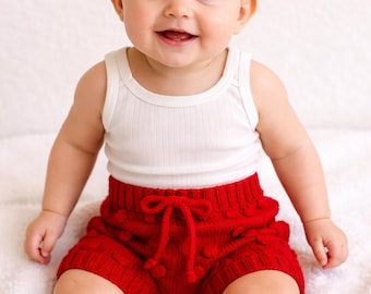 Red merino knit newborn popcorn baby bloomers, newborn photo prop, luxury knit baby clothing, knit baby shorts, baby Christmas outfit