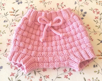 Pink merino newborn knit baby girl bloomers, newborn photo prop, knit baby shorts, nappy cover