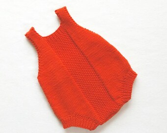 Pumpkin merino knit unisex baby romper, size 0-3 months, baby shower gift, newborn photo prop, baby knit overalls, winter baby clothing