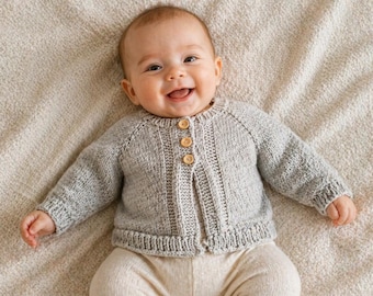 Grey knit merino wool baby cardigan, size 0-3 months, new baby gift, coming home outfit, winter baby clothes, baby shower gift