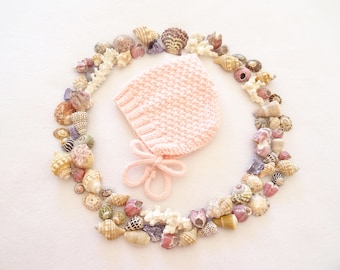 Pink merino newborn baby girl knit pixie bonnet, pregnancy reveal, baby shower, newborn gift, going home outfit, baby photo prop