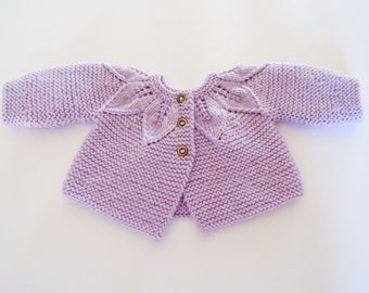 Newborn purple merino wool baby girl cardigan with leaf detail, baby shower, newborn gift, coming home outfit, knit baby clothes