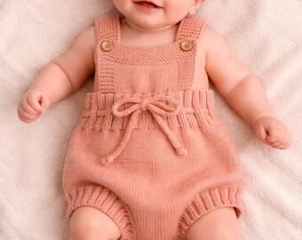 Pink knit baby girl wool romper and pom pom bootie set, size 0-3 months, baby shower gift, newborn photo prop, baby knit overall and booties