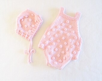 Pink baby girl knit merino popcorn romper and bonnet set, size 0-3 months, baby shower gift, newborn photo prop, baby overall and bonnet set