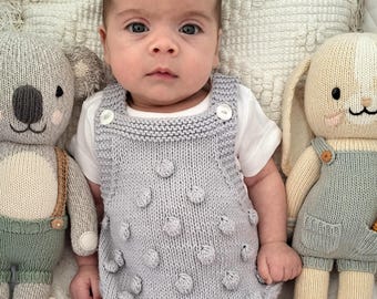 Grey cotton knit unisex baby popcorn romper and bonnet set, cotton popcorn overall, newborn photo prop, newborn summer knit outfit