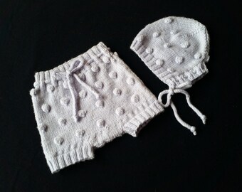 Blue merino knit unisex popcorn baby bloomers and bonnet set, size 3-6 months, newborn photo prop, luxury knit baby clothing