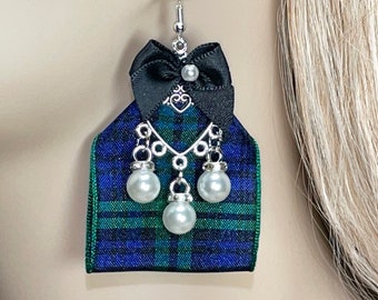 Sale, Earrings, FREE Shipping Available, Blue, Green And Black Plaid Ribbons, Black Ribbon Bow, Faux Pearls, Gifts For Her