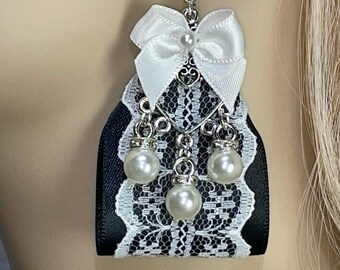 Sale, Earrings, FREE Shipping Available, Black Satin Ribbons, White Lace, White Bows, Faux Pearls, Gifts For Her