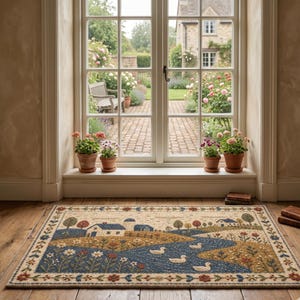 May include: A rectangular rug depicting a rural landscape with a blue river, ducks, houses, and trees. The rug has a cream background and a floral border. It's positioned in front of a window with potted plants.
