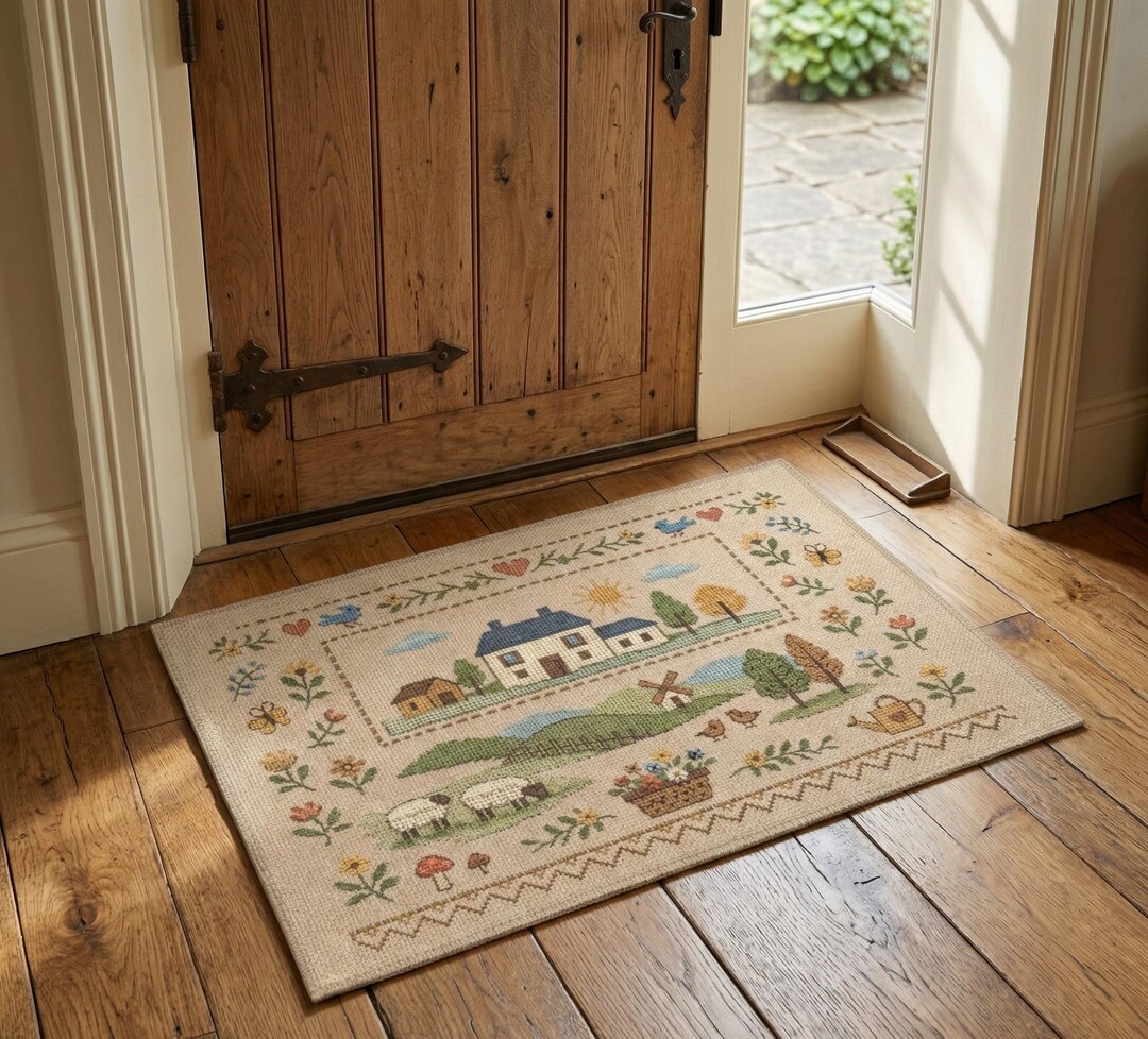 Country Farmhouse Scene Area Rug | Sheep, Cottage, Floral Border ...
