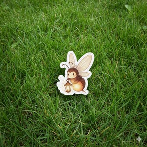 May include: A whimsical sticker featuring a cartoon bee holding a lantern. The bee has brown and orange coloring with delicate wings. The sticker is set against a backdrop of green grass.
