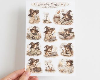 Magic day modern cute witchy sticker sheet | vinyl matte stickers for planner journal routine use | Fantasy witchy girl modern life | Moon