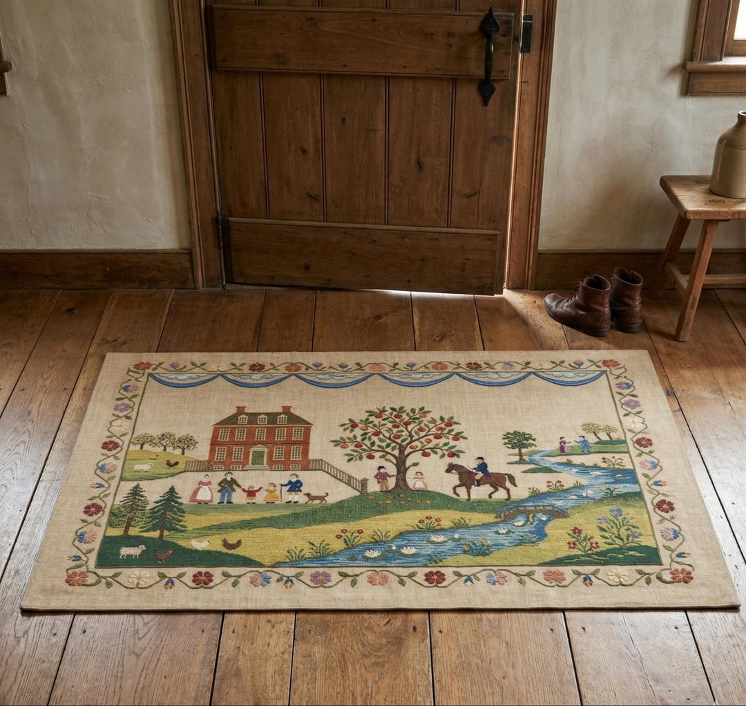 Folk Farmhouse Scene Area Rugs | Vintage Country House Sampler Design ...