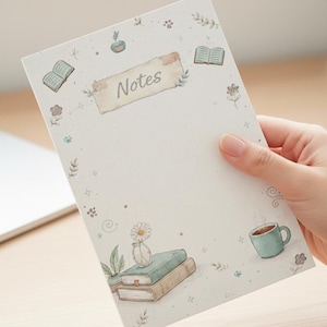 May include: A notepad with a soft, illustrated design. The cover features the word "Notes" and decorative elements like books, flowers, and a teacup. The notepad is held by a hand.