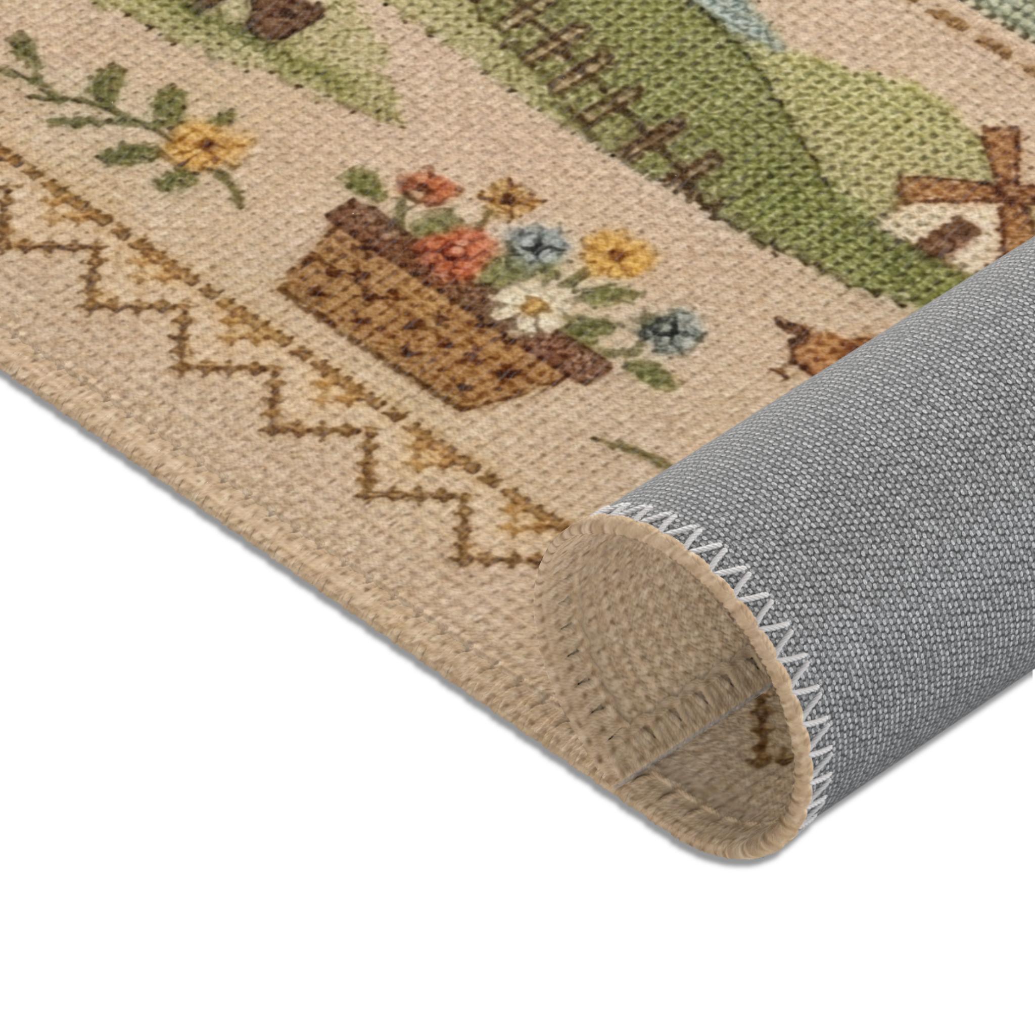Country Farmhouse Scene Area Rug | Sheep, Cottage, Floral Border ...