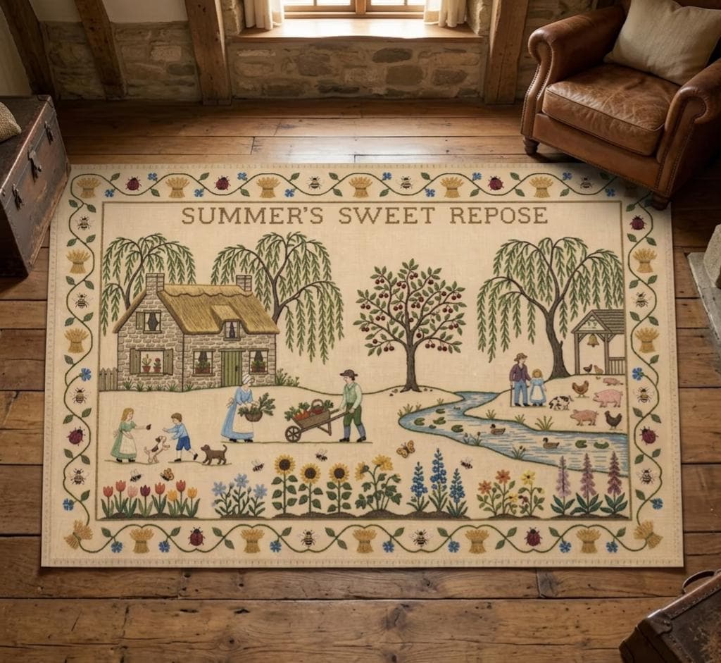 Cheerful Cottage Rug Summer Tree Family Scene Area Rug | Cottage Garden Folk Art Rug Floral ...