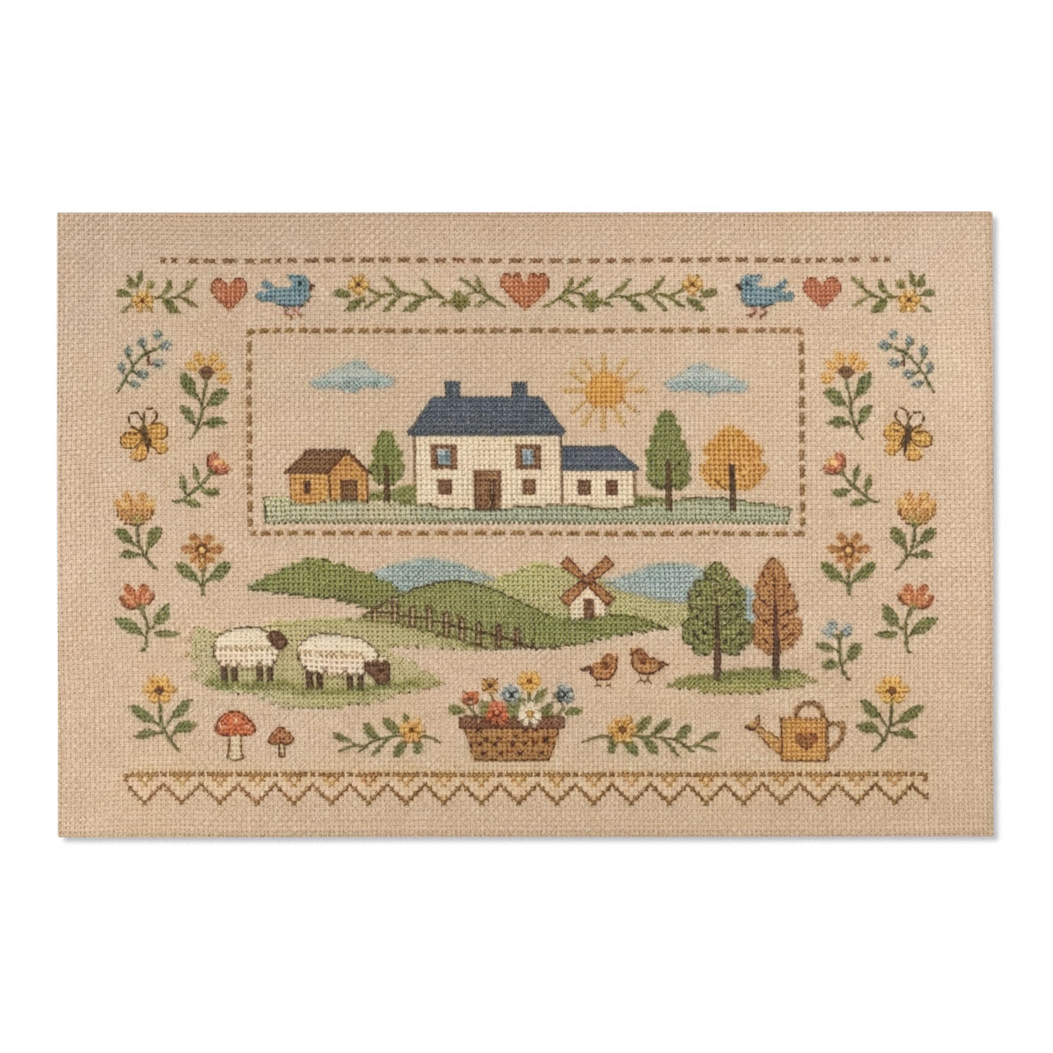 Country Farmhouse Scene Area Rug | Sheep, Cottage, Floral Border ...