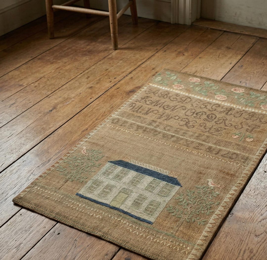 Fabric Rustic Rug Primitive Folk House Area Rug | Vintage Sampler Motif Rug, Rustic Home ...