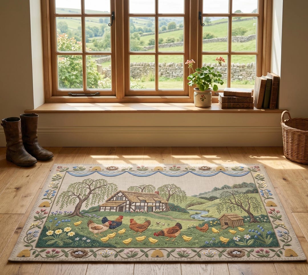 Rustic Folk Chicken Rug Country Cottage Chicken Scene Area Rug | Farmhouse Kitchen Mat ...