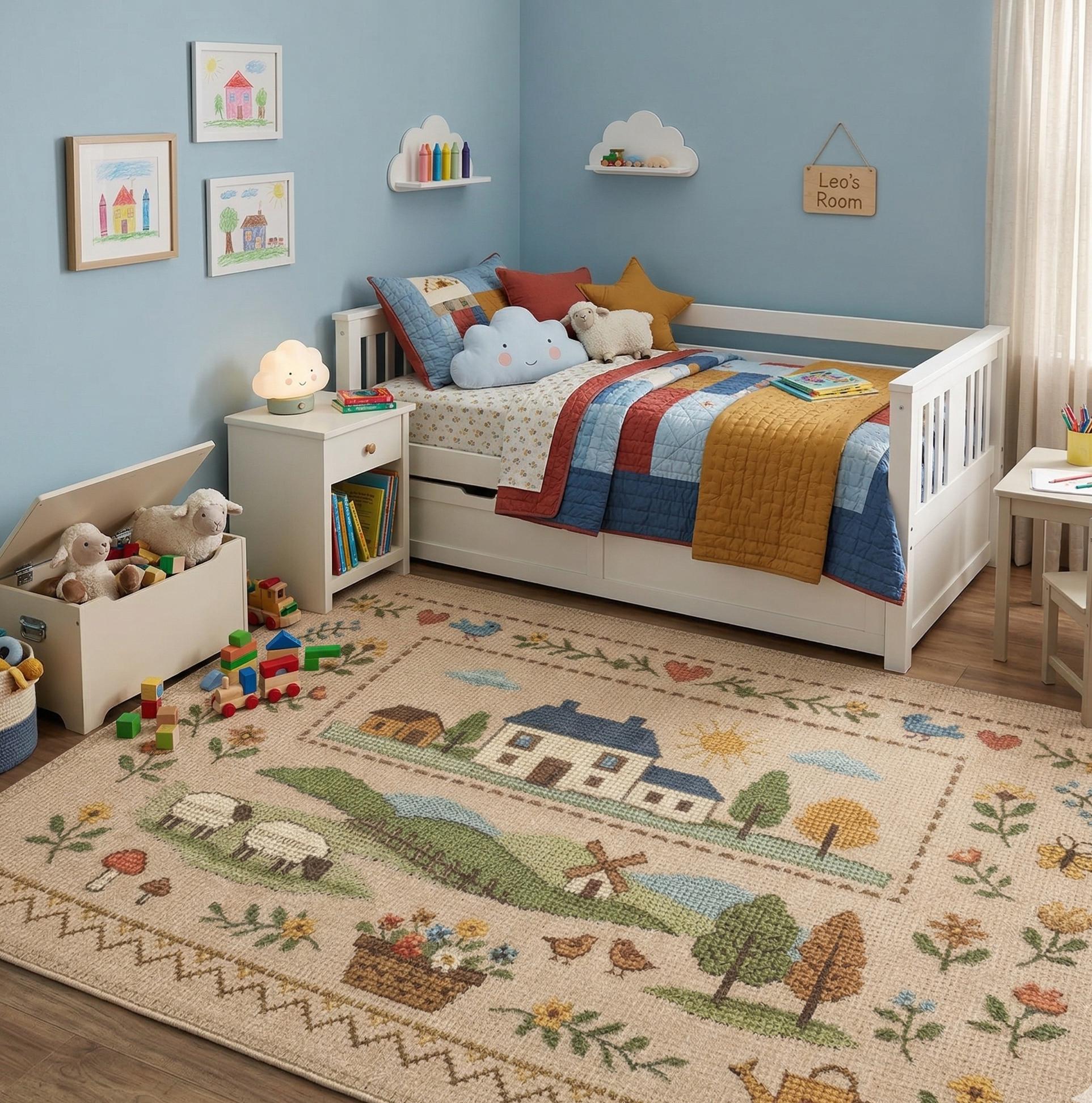 Country Farmhouse Scene Area Rug | Sheep, Cottage, Floral Border ...