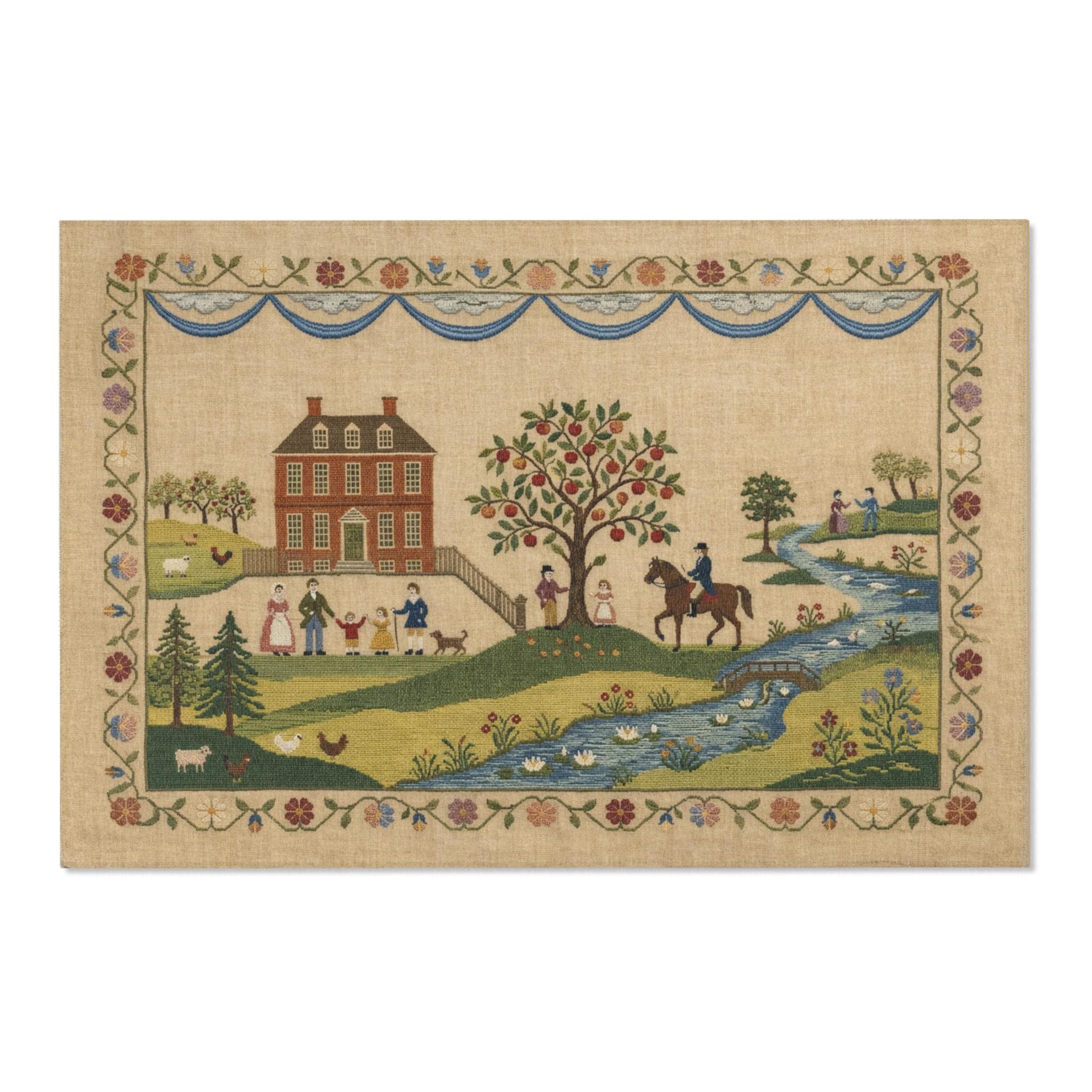 Folk Farmhouse Scene Area Rugs | Vintage Country House Sampler Design ...