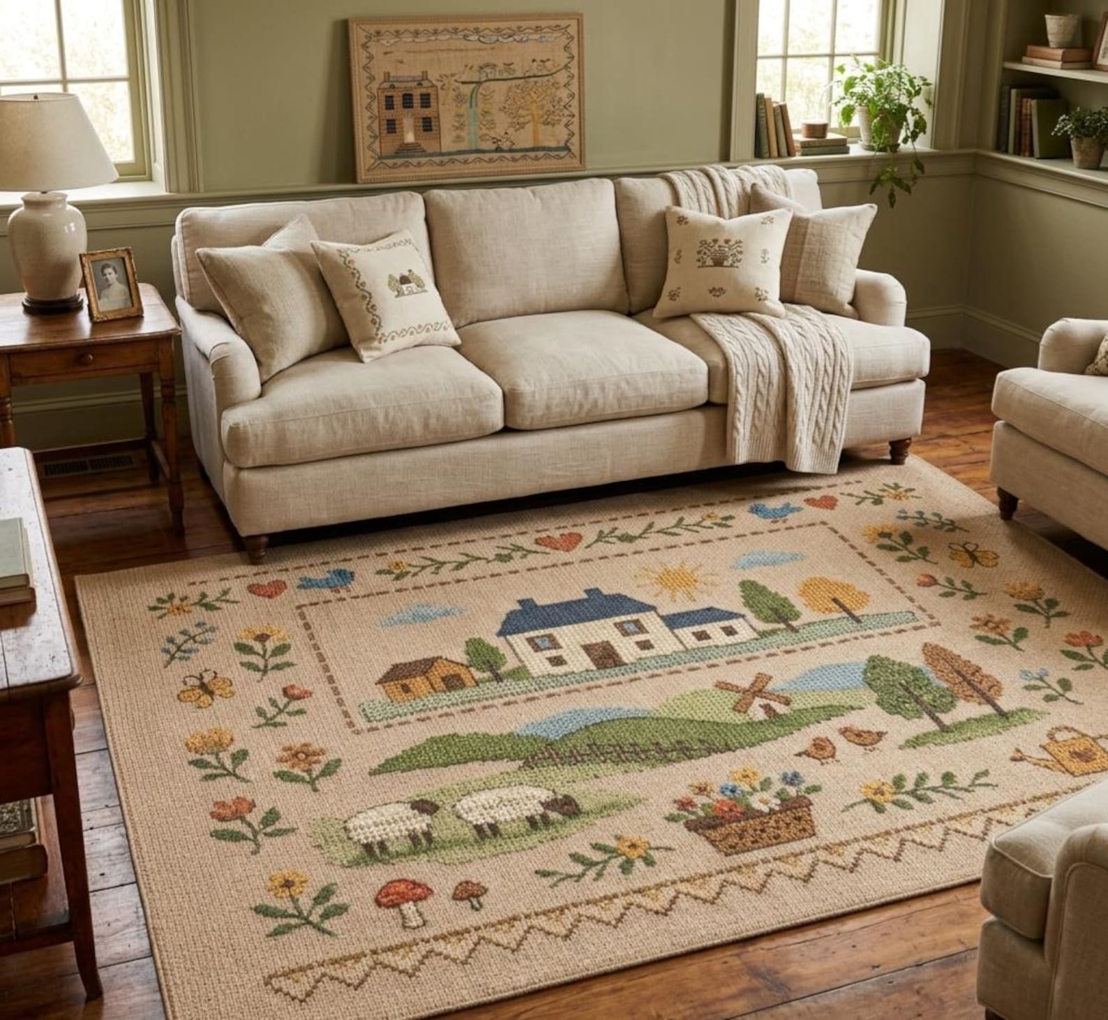 Country Farmhouse Scene Area Rug | Sheep, Cottage, Floral Border ...