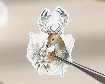 A gentle deer with blooming lily sticker | Fantasy Deer beautiful lily flower sticker | Cute Deer lily flower sticker | Gothic sticker |