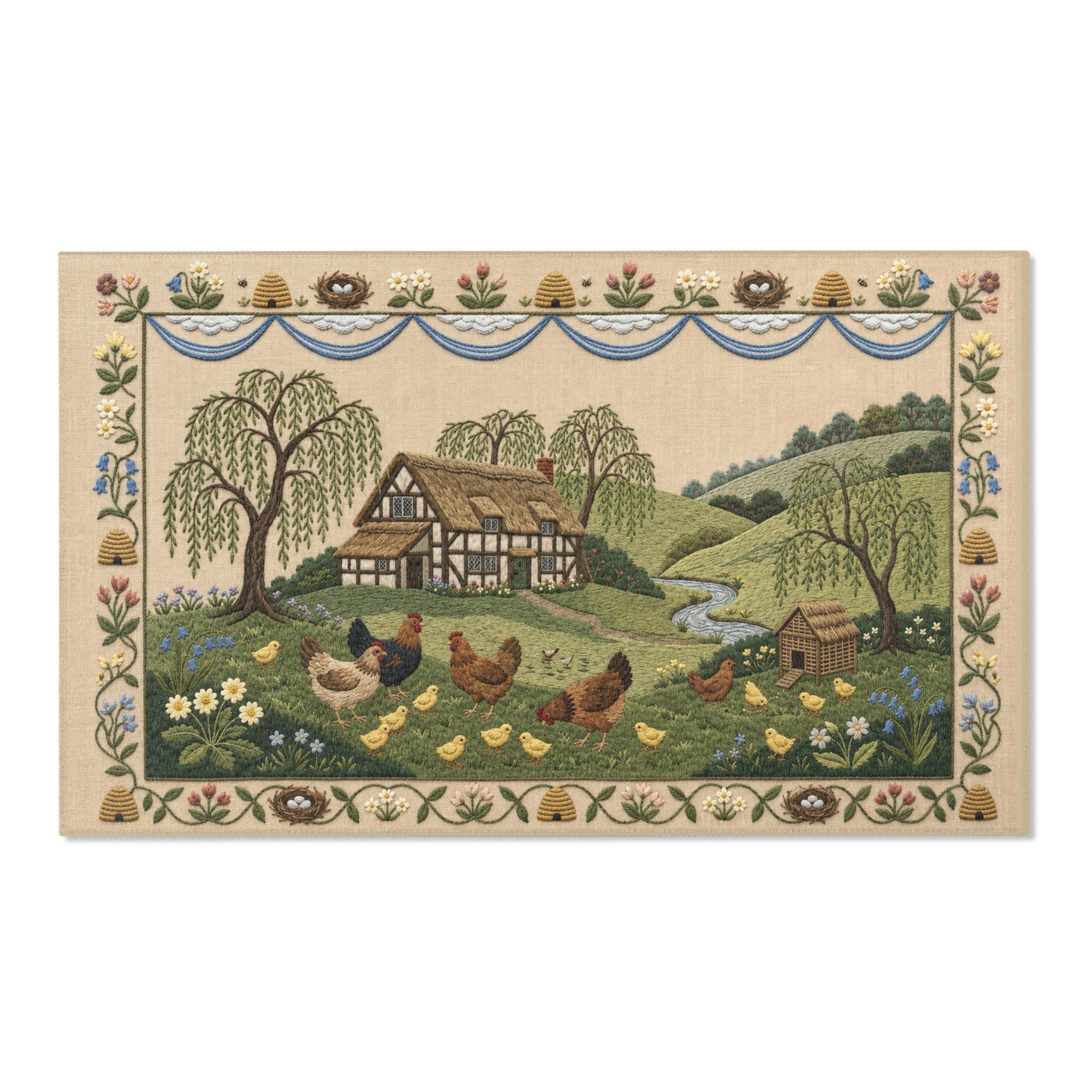 Cheerful Cottage Rug Country Cottage Chicken Scene Area Rug | Farmhouse Kitchen Mat ...