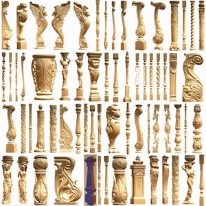 Puede incluir: Una colección de elementos arquitectónicos de madera marrón claro que incluye ménsulas talladas, balaustres decorativos, patas de muebles ornamentadas y pilares esculpidos con intrincados motivos florales, de volutas y figuras en cuadrícula.