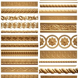 Può includere: Una collezione di vari disegni di modanature decorative color oro. L'immagine mostra una varietà di motivi ornati, tra cui texture floreali, geometriche e simili a corde. Questi elementi architettonici sono adatti per progetti di interior design.