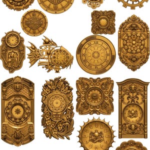 May include: A collection of gold-toned decorative plaques and clock faces featuring intricate relief designs, including Harley-Davidson logos, floral motifs, animal figures, gear mechanisms, and various numerical clock dials in circular and rectangular shapes.