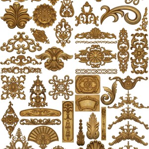 May include: A collection of ornate, gold-colored decorative elements. The image showcases various designs, including floral motifs, scrolls, and symmetrical patterns. These embellishments are likely for interior design or craft projects.