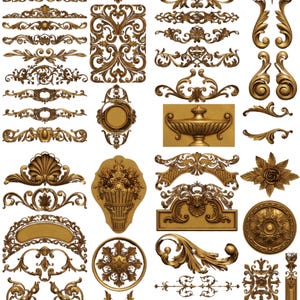 May include: A collection of ornate, gold-colored decorative elements. The image features various designs, including floral patterns, scrolls, and symmetrical shapes. These elements are likely used for interior design or craft projects.