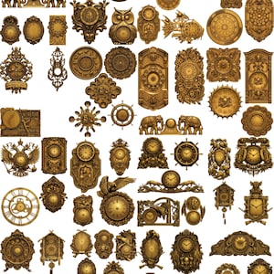 May include: A collection of numerous bronze-toned decorative clock faces and wall ornaments featuring intricate relief carvings, including animal motifs, geometric patterns, nautical themes, and ornate frames in various shapes and sizes.