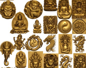 Asian Wall Decor STL Bundle for CNC Router and 3D Prin, 67 Pcs Buddha Ganesha Dragon Samurai Models Pack Oriental Relief Artcam Aspire Files