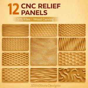 Könnte beinhalten: Eine Sammlung von 12 CNC-Reliefplatten mit verschiedenen Holzcarving-Designs. Die Platten zeigen geometrische, wellenförmige und strukturierte Muster. Das Bild enthält den Text "CNC RELIEF PANELS" und "STL Files • Wood Carving".