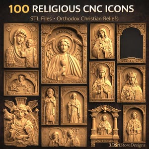 Puede incluir: Una colección de 100 iconos religiosos CNC, incluyendo relieves cristianos ortodoxos. La imagen muestra varios paneles de madera tallada con figuras religiosas, ángeles y santos. El texto "100 RELIGIOUS CNC ICONS" y "STL Files • Orthodox Christian Reliefs" es visible.