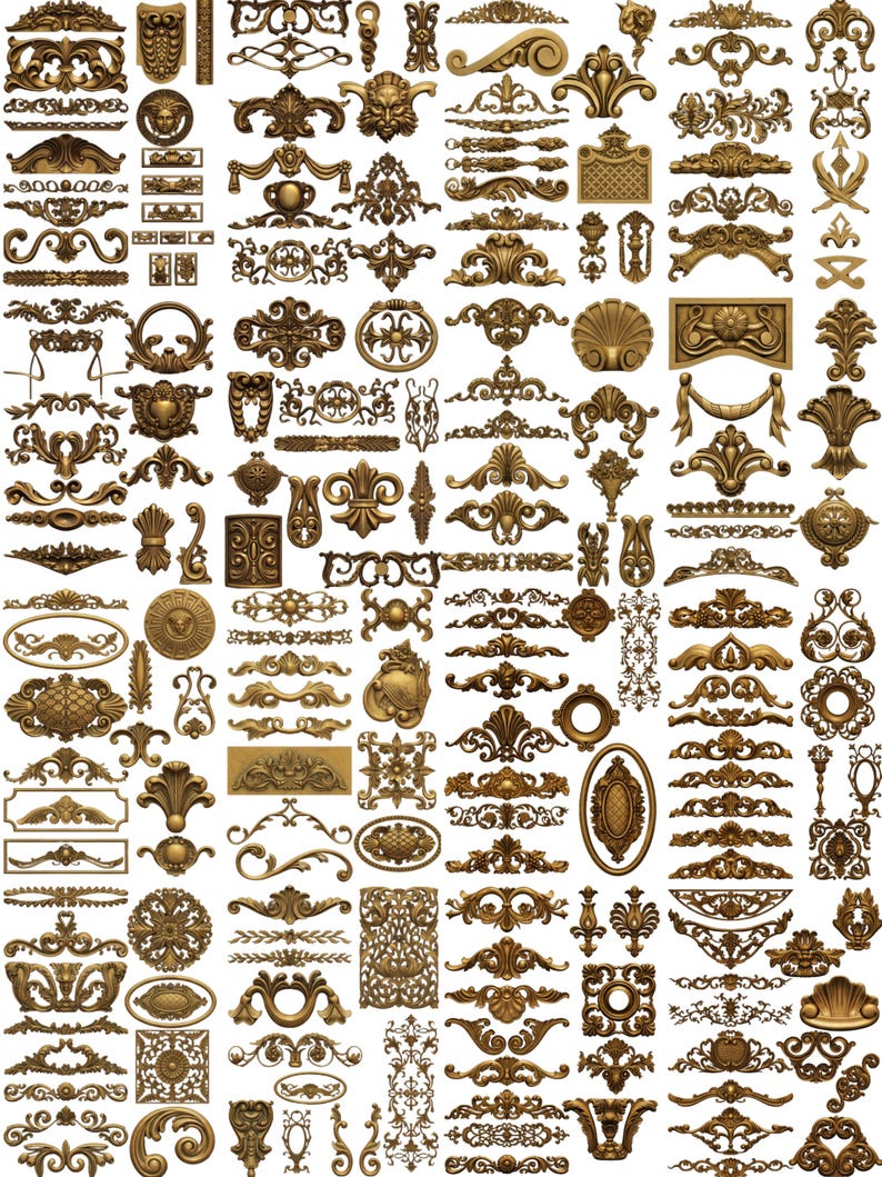 May include: A collection of ornate, gold-colored decorative elements, including scrolls, rosettes, and other architectural details. The image showcases a variety of sizes and styles, suitable for design projects or craft applications. The elements are arranged in a grid.