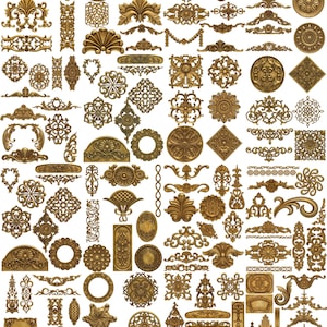 May include: A collection of ornate, gold-colored decorative elements. The image showcases a variety of designs, including floral patterns, scrolls, and geometric shapes. These embellishments are suitable for crafting, interior design, or adding a vintage touch to projects.
