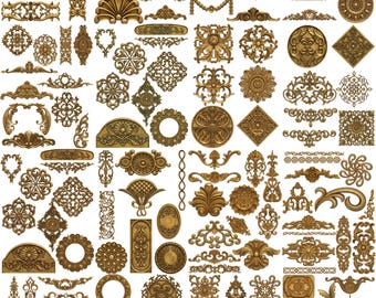 May include: A collection of ornate, gold-colored decorative elements. The image showcases a variety of designs, including floral patterns, scrolls, and geometric shapes. These embellishments are suitable for crafting, interior design, or adding a vintage touch to projects.
