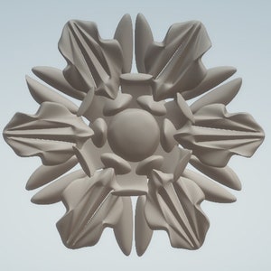 K&ouml;nnte beinhalten: Ein wei&szlig;es, 3D-gedrucktes, dekoratives, blumenf&ouml;rmiges Objekt mit einem zentralen Kreis und sechs Bl&uuml;tenbl&auml;ttern.