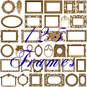 May include: A collection of twenty-five ornate gold picture frames in various shapes and sizes, including rectangular, oval, and circular designs with intricate decorative carvings and scrollwork, overlaid with the blue text 125 Frames.