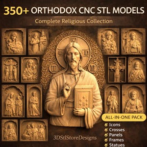 Puede incluir: Una colección de modelos ortodoxos CNC STL, con iconos religiosos, cruces, paneles, marcos y estatuas. La imagen muestra una figura central con halo, rodeada de varios relieves. El texto incluye "350+ ORTHODOX CNC STL MODELS" y "Complete Religious Collection."