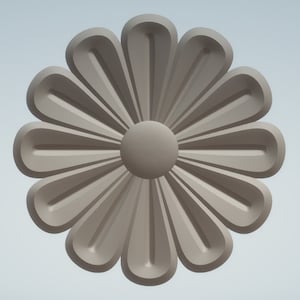 K&ouml;nnte beinhalten: Eine gro&szlig;e, dekorative, graue 3D-Blume mit 16 Bl&uuml;tenbl&auml;ttern. Die Blume hat eine kreisf&ouml;rmige Mitte.